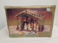 Boxed Vintage Dazzlers Nativity Scene Set Wooden Stable 11 Xmas Ceramic Figurine