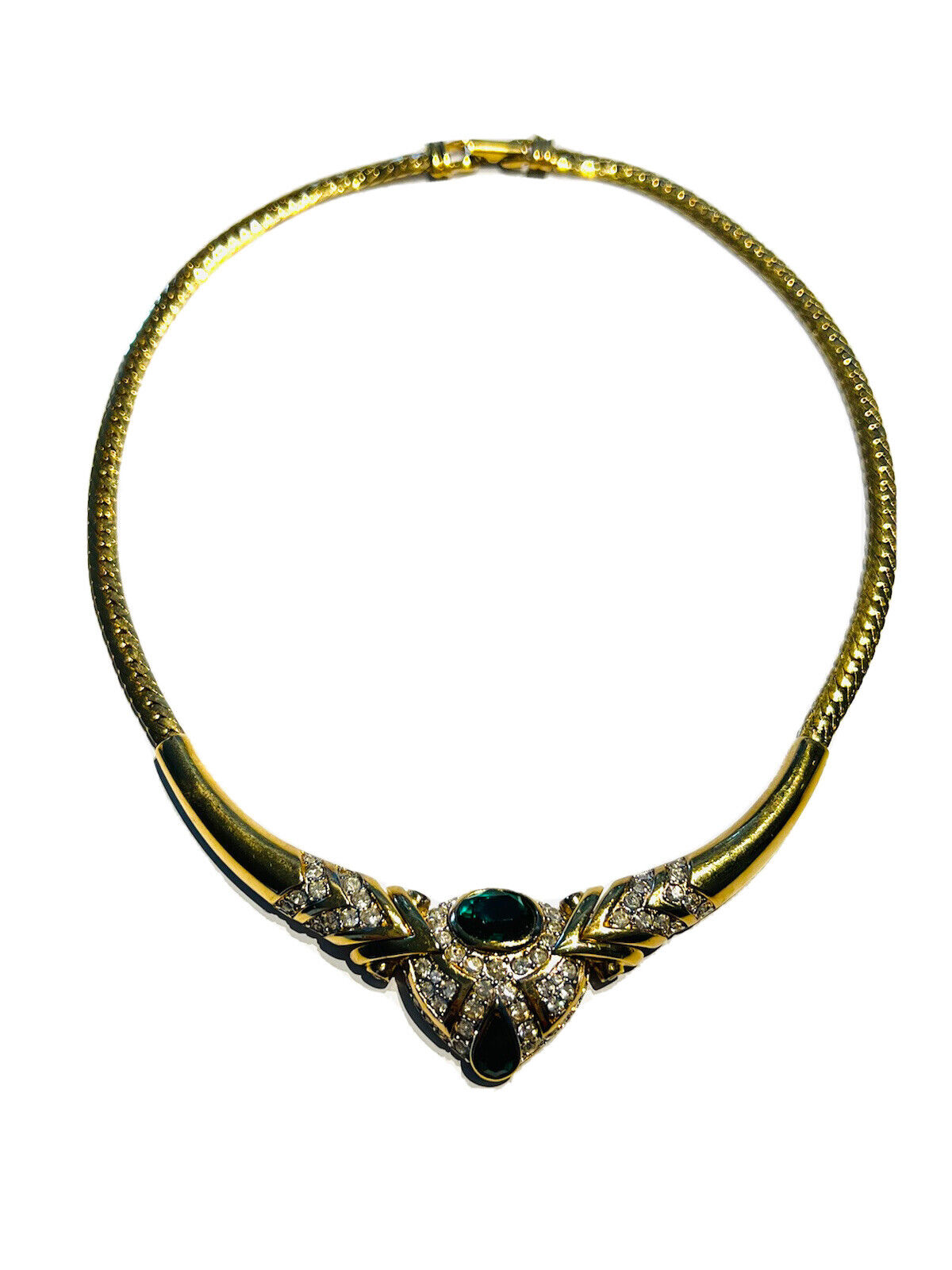 Vintage Nina Ricci Gold Plated Green Crystal Collar Necklace