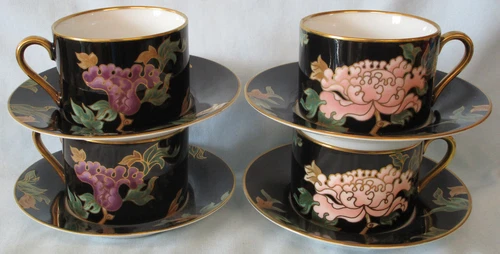 Fitz & Floyd Cloisonne Peony Flat Cup & Saucer, set of 4