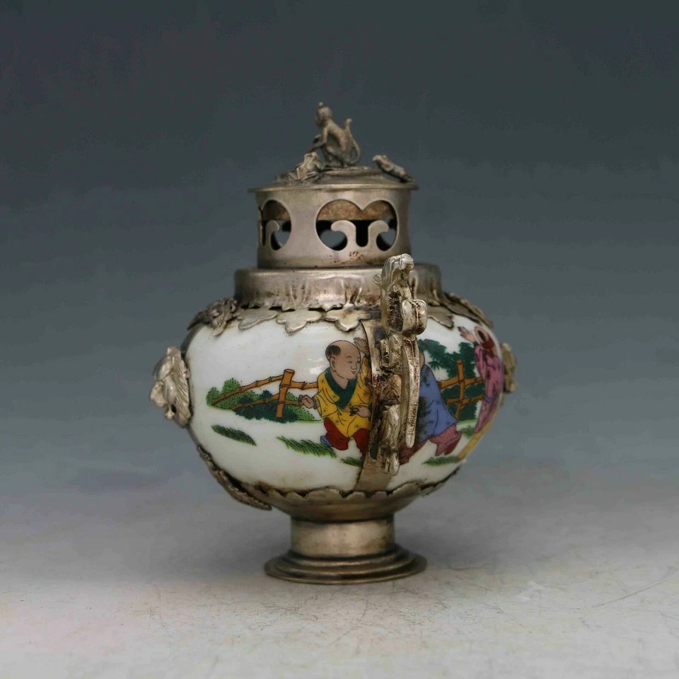 Quemador de incienso porcelana china con incrustaciones de plata tibetana - Foto 3 de 4