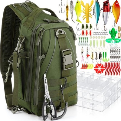 RoundFunny 85 Pcs Fishing Backpack with Tackle Boxes, Tackle Sling Bag with R...