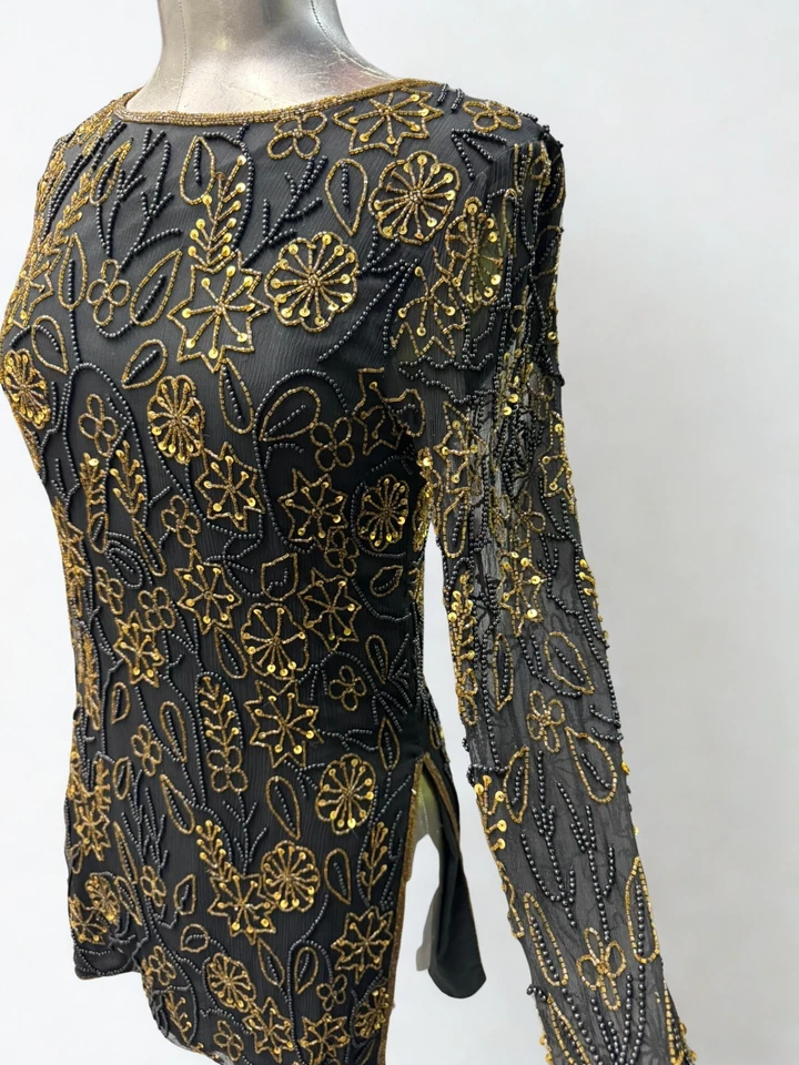 Hand Beaded Black Gold Silk Dress Vintage Papell Boutique Evening Formal - Image 4 of 4