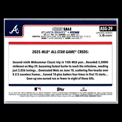 2025 Topps Update Series - #ASG-39 Chris Sale All-Star Game - Atlanta Braves - Picture 2 of 2