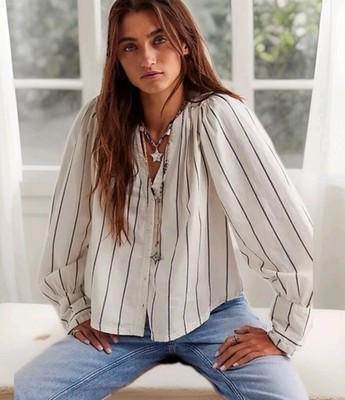 Free People Farmhouse Fresh XS Blouse Top Cotton Striped Button Down NWOT $98 