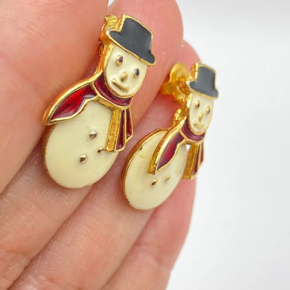 Pendientes Muñeco de Nieve Articulados Esmalte Crema AVON 1995 De Colección Bufanda Roja Sombrero Negro Foto 4 de 4