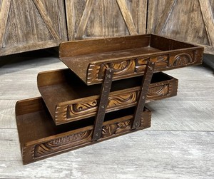 Vintage Mid-Century Modern 3-Tier Wood Letter Tray – Office Desk Organizer Decor