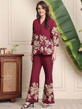 Women's Floral Printed Kurti Cord Set Indian Pakistani Ethnic Kurta Pant Set