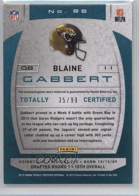 2013 Panini Totally Certified Materials Totally Blue /99 Blaine Gabbert #86 - Image 2 of 2