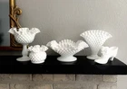 Lot of 5 Vintage Fenton White Hobnail Ruffled Mid Century Milk Glass USA