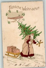 13480150 - Brown Coat Sleigh Christmas Tree Postcard Santa Claus 1907
