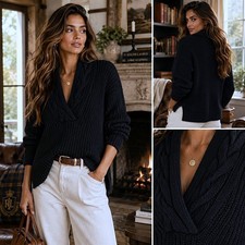 Ralph Lauren S Black Fisherman Cable Knit Cotton Sweater Shawl Collar Academia