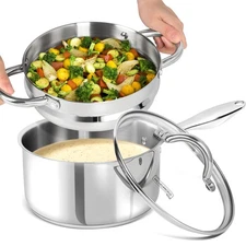 Stainless Steel Sauce Pan with Lid, 3 Quart Sauce Pan with Steamer Insert, No...
