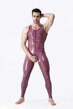 Latex Gummi Catsuit Sleeveless Mens Rubber Bodysuit Crtochless No Zip Neck Entry