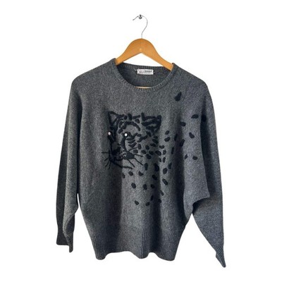 Mamut Moden Pullover Damen Gr L Grau Lammwolle Vintage 80er Oversize Leoparden M