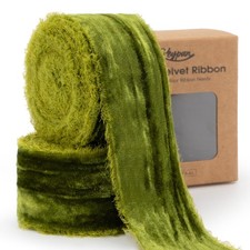 Moss Green Velvet Ribbon 1-1/2 Inch X 6 Yd Crinkled Handmade Frayed Vintage Ribb