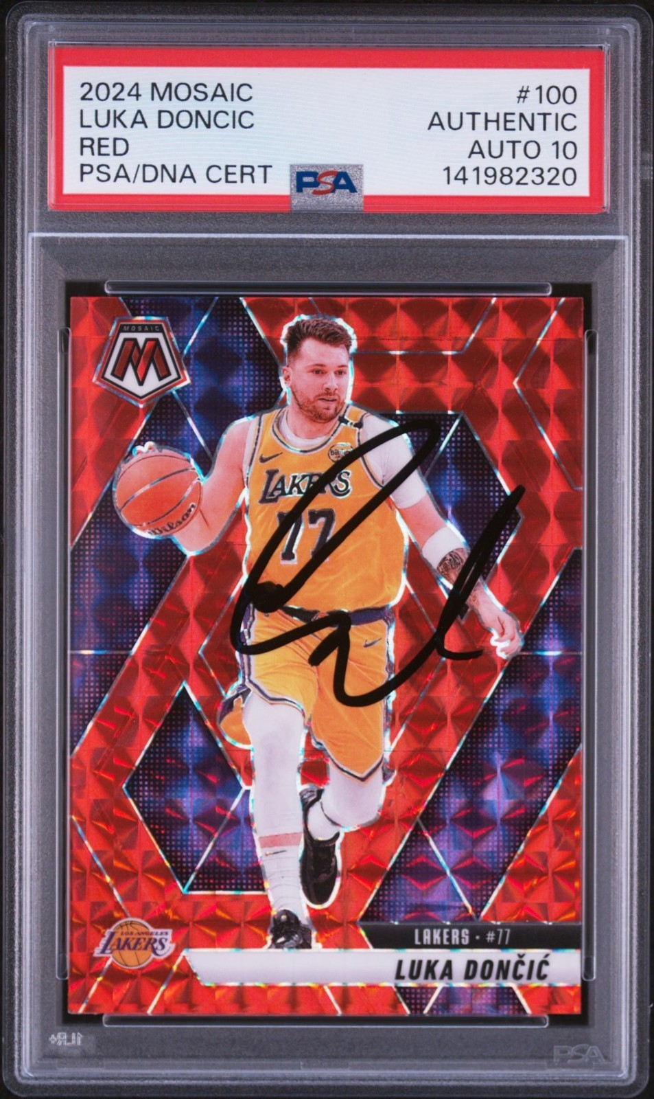 Luka Doncic Signed 2024 Panini Mosaic Red PSA/DNA Auto 10 #100 LA Lakers