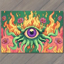 Art Print Purple Eyeball Monster Green Tentacles Fire Flowers Surreal Creature F