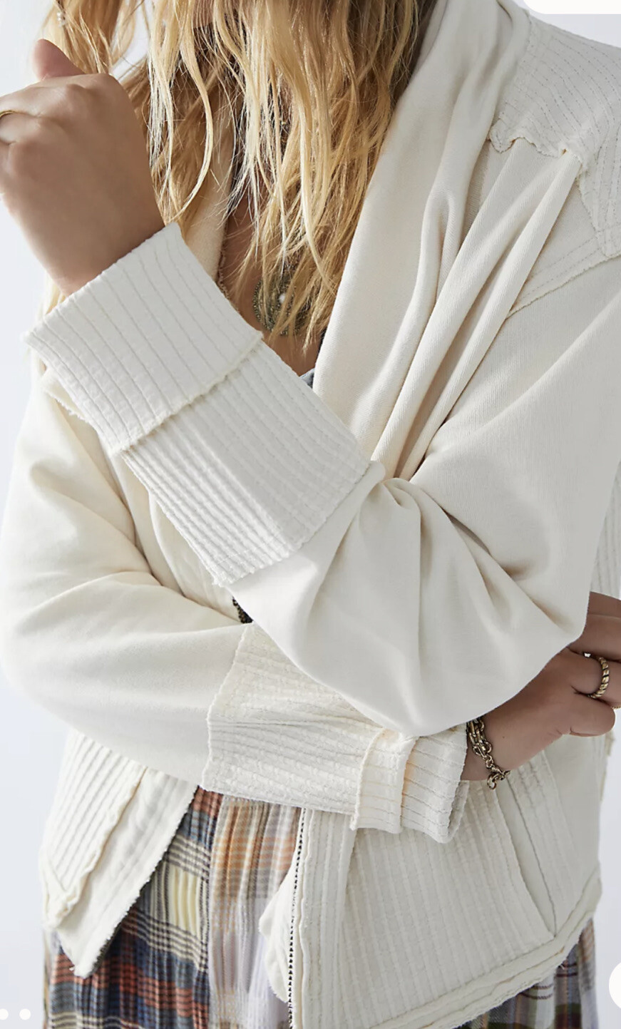Free People Hazel Cardi Ribbing Defined Collar Stretch Zipper Ivory Khaki L NEW
