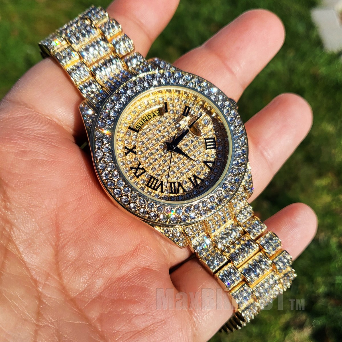 Men Iced Simulated Diamond Gold Silver Finish Date Day Luxury Icy 
