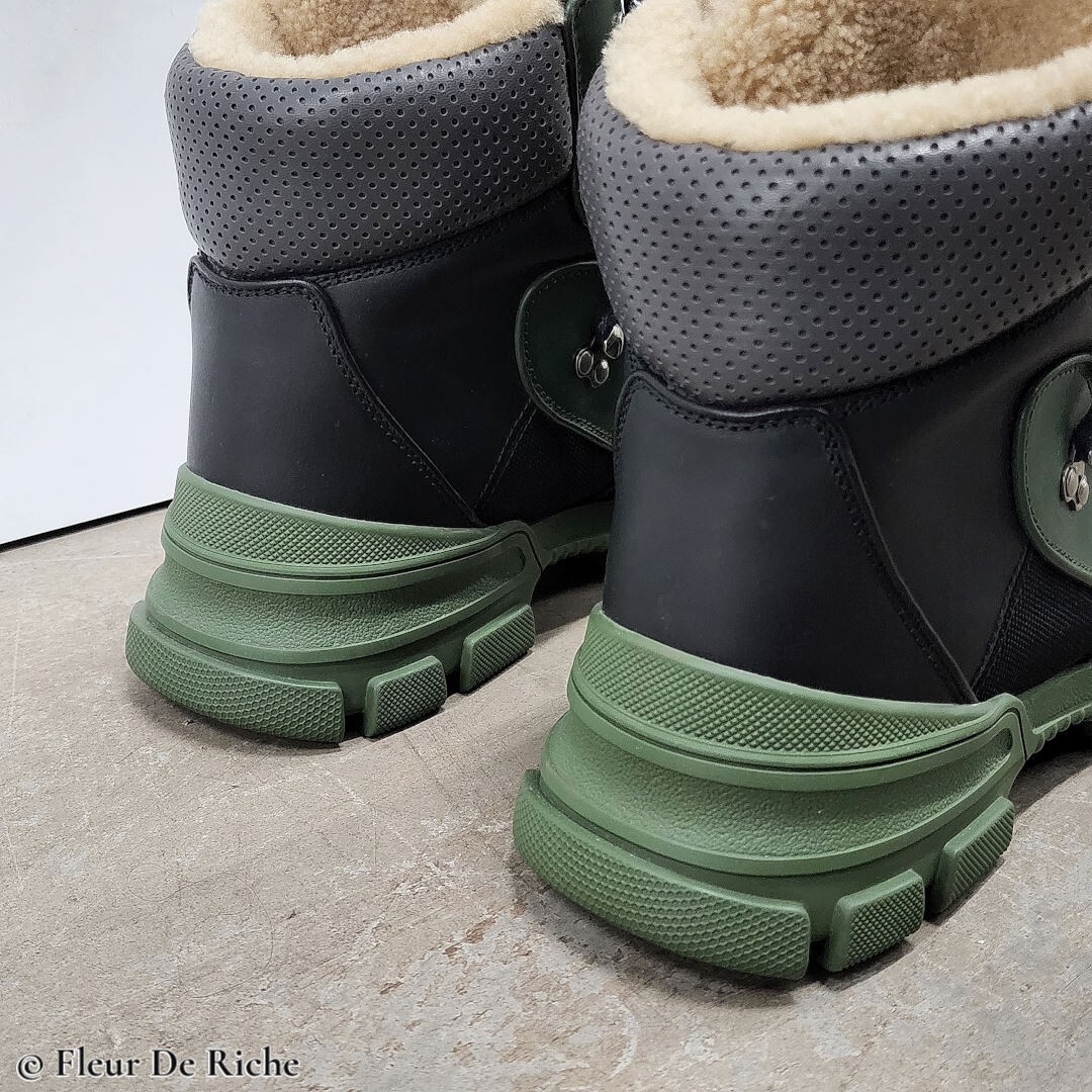 Gucci Flashtrek High Green Black Hiking Shearling Boots sz  display picture 1