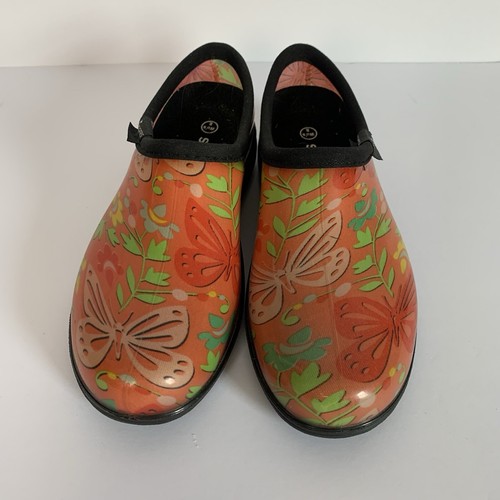 Sloggers Rain Garden Shoes Women's 8 Orange Butterfly Floral Waterproof Comfort - Picture 5 of 16
