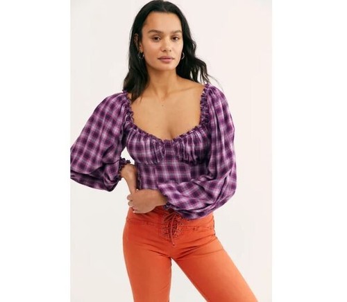 NWT Free People Cherry Bomb Plaid Top Size XS Purple Smocked Sweetheart