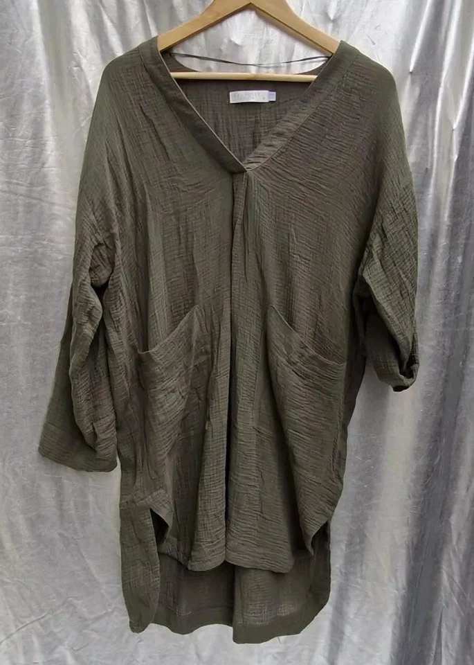 SEAFOLLY AUSTRALIA COVER UP DRESS KAFTAN S UK8/10 khaki green 100% cotton... - Image 2 of 4