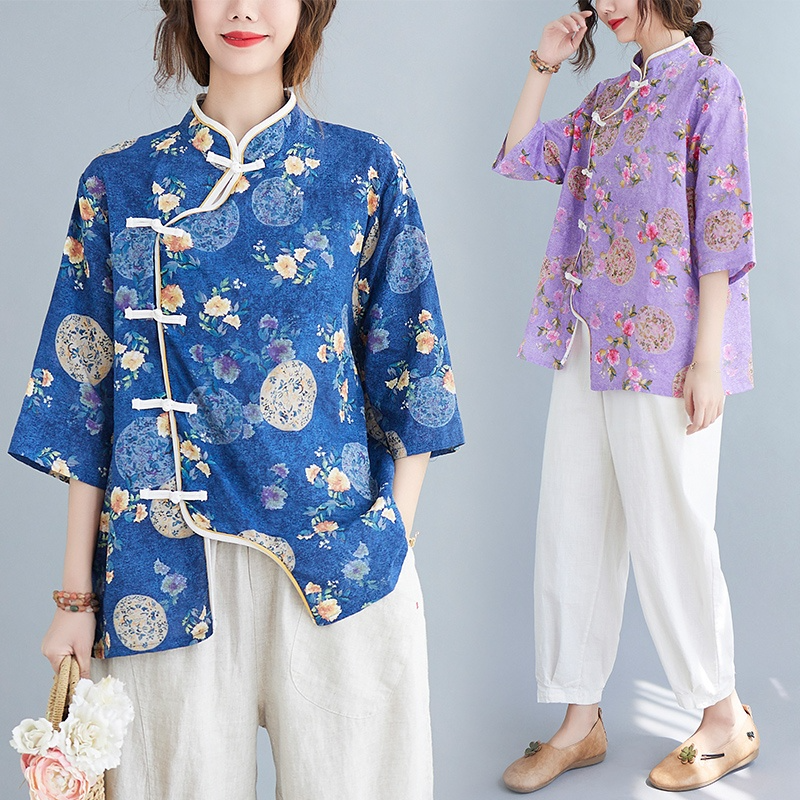 Women Chinese Style Flower Drawstring Loose Shirt main image 0