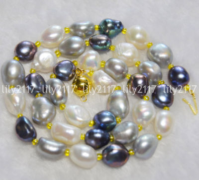25-Inch Multicolored Baroque Freshwater Pearl Necklace - Natural, 9-10mm, Silver Plated
