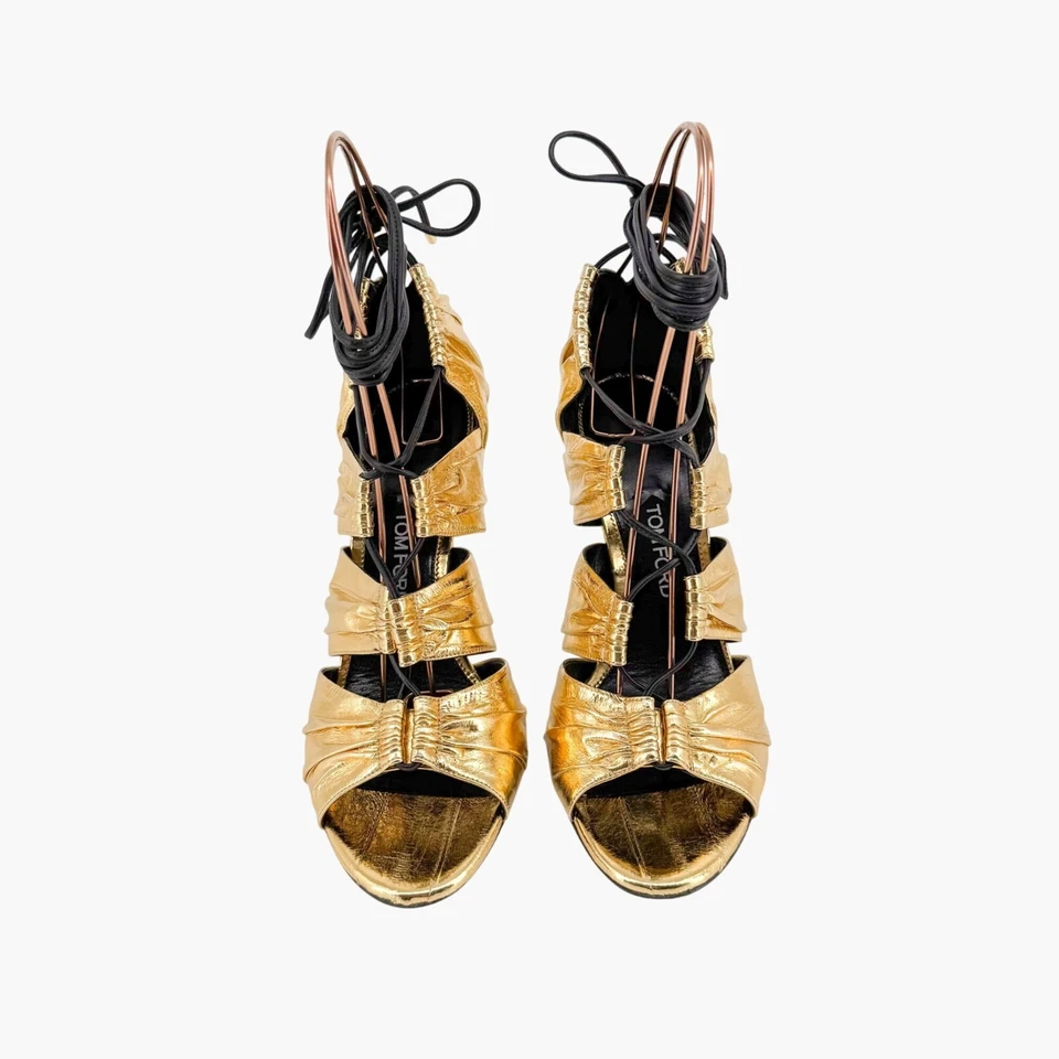 Tom Ford Stardust Lace Up Heels EU 41 US 9 Metallic Gold Foil Leather Tie Shoe - Image 3 of 4