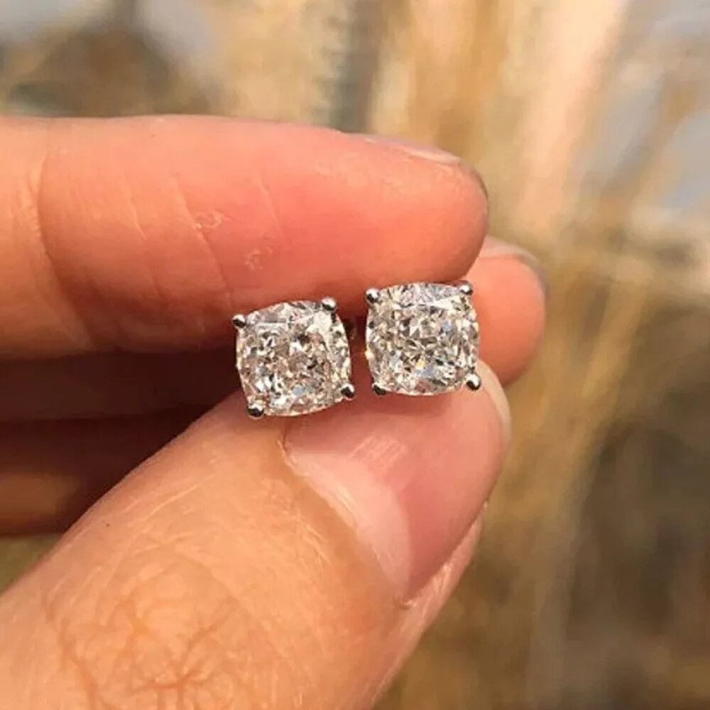 2 Ct Cushion Cut Simulated Diamond Solitaire Stud Earrings 14k