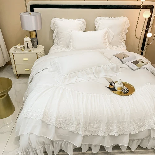 Juego de cama bordado de encaje blanco suave grueso terciopelo polar volantes funda nórdica Foto 2 de 4