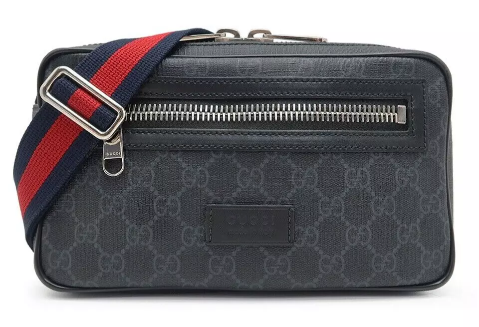 Gucci GG Supreme Pochette Taille 474293 PVC Cuir Noir Compact Zip