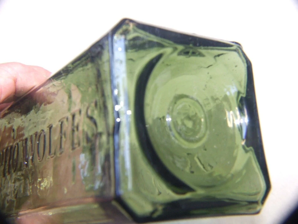 Antique 9'' H Bottle Green Glass Aromatic Schnapps Udolpho Wolfe's Schiedam VGC, - Image 4 of 4