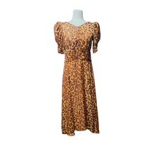 Kate Spade Panthera Silk Dress Leopard Print Puff Sleeve Designer Midi Size 6