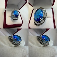 Sterling Silver 925 Ring Blue Oval Stone Marcasite Style 7.2g