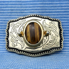Western Scroll Belt Buckle Cowboy Cowgirl Tigers Eye Stone Vtg 80s    .CPA848
