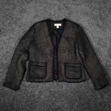 MICHAEL Michael Kors Tweed Jacket Women's 12 Black Gold Metallic Wool Fringe EUC