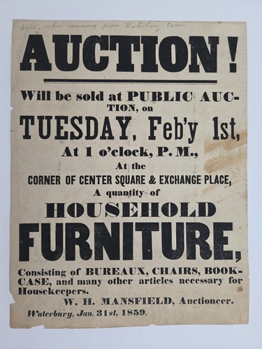1859 antique AUCTION waterbury ct HOUSEHOLD FURNITURE broadside W H MANSFIELD
