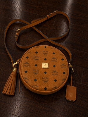 #ad MCM Visetos Heritage Tambourine Crossbody Bag Cognac Tassel Authentic $399.99