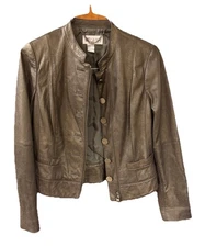 WORTH Leather Lined Moto Jacket Bronze Finish Button & Zip Closure Size 12