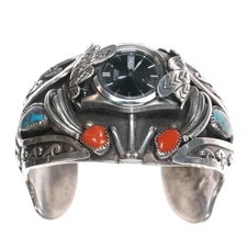 6.875 Bisbee turquoise and coral David K Lister Navajo sterling watch cuff brac