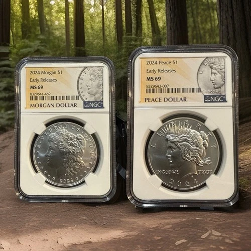 PAIR of 2024 Morgan & Peace Silver Dollars - NGC MS 69 - Early Release Label