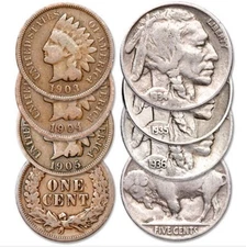 6 COIN LOT ~ 3 Indian Head Cents ~ 3 Buffalo Nickels ~ FULL DATE US Coins