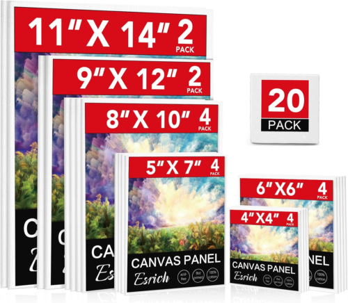 20 Pack Multi-Size Canvas Boards for Acrylic, Oil & Gouache Painting