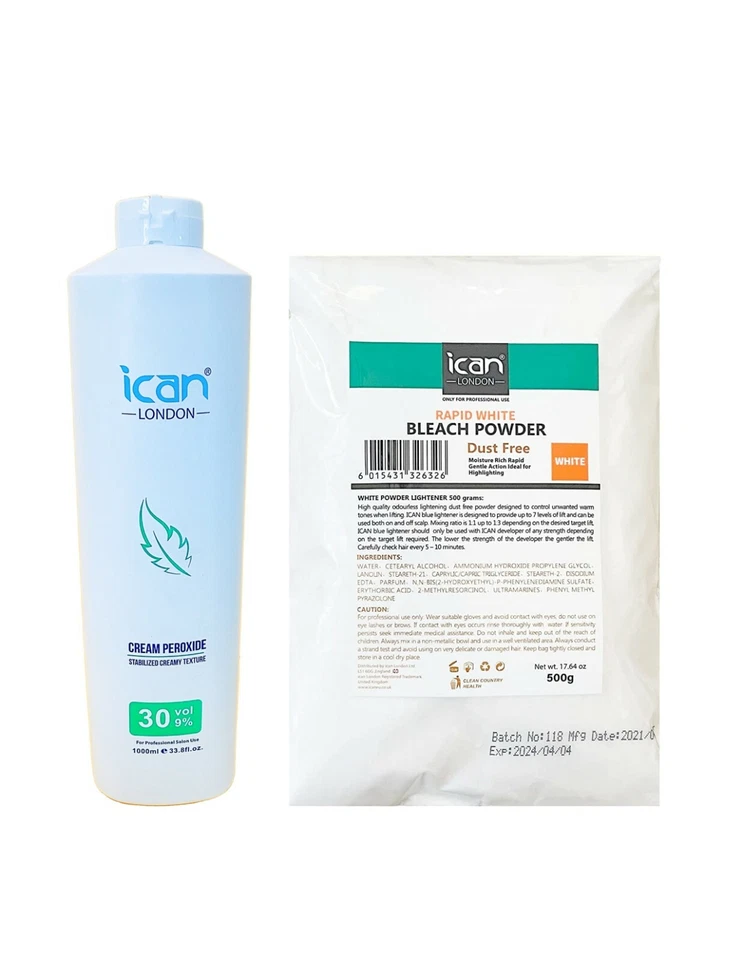 ICAN Cream Peroxide 1000ml 9% VOL 30 + Rapid White Powder Bleach 500g