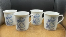 Seizan Fine China "Seizan Rose" Pattern Blue & White Roses Set of 4 Coffee Mugs