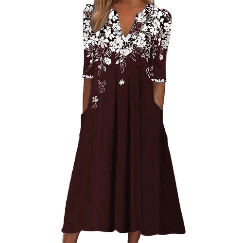 Womens Short Sleeve Pleated Midi Dress Ladies Casual Baggy Print Swing Dresses - Picture 3 of 36