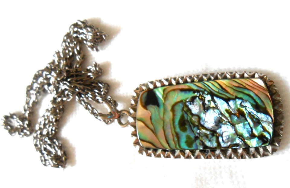 Exquisite England Abalone Shell Pendant silvertone 1950s vintage necklace vgc - Image 4 of 4