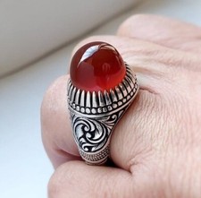 Natural Yemeni Aqeeq Ring For Men Red Agate Carnelian Sterling Silver In 925